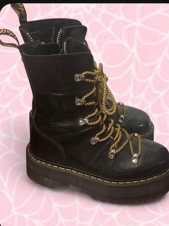 Dr. Martens Shoes - Black Platform Lace-Up Boots with Yellow Accent